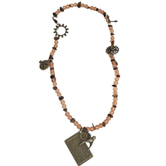 Hand Crafted Jewelry - 14K Gold Steampunk Bronze Gears Frosted Glass Necklace